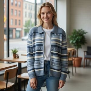Alfred Dunner Striped Blue and White Cardigan Zip Up Vintage Size Medium 90's